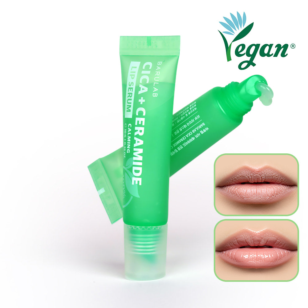 BARULAB Cica Ceramide Soothing Lip Serum 10g, tube vert apaisant sur fond blanc, visuels lèvres avant/après.