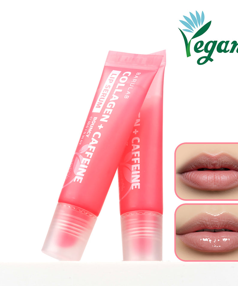 Sérum à lèvres BARULAB Collagen Caffeine Tangle 10g avec double applicateur et logo vegan, produit hydratant pour des lèvres pulpeuses.