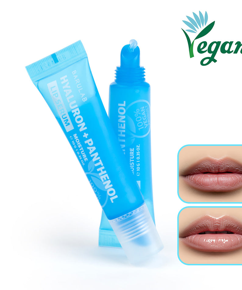 BARULAB Hyaluronic Panthenol Moisturizing Lip Serum 10g, marque BARULAB, packaging bleu, gros plan lèvres hydratées