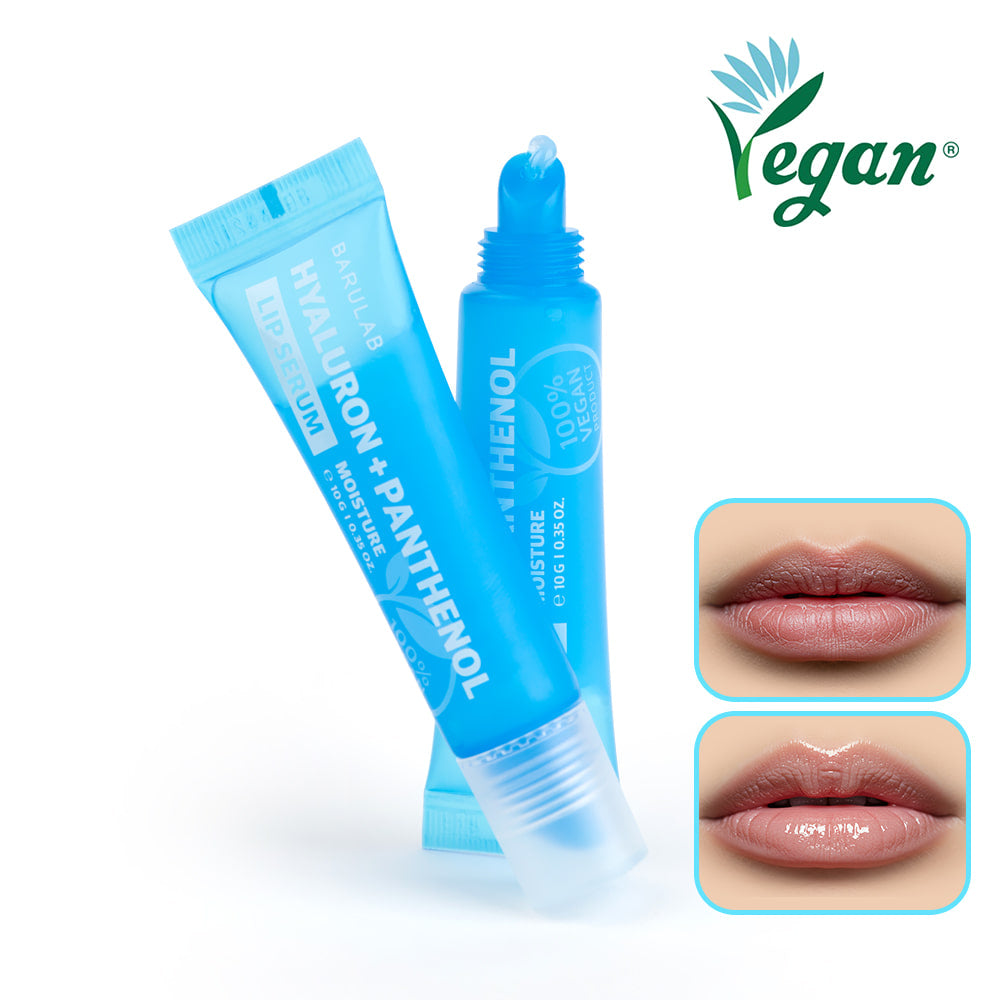 BARULAB Hyaluronic Panthenol Moisturizing Lip Serum 10g, marque BARULAB, packaging bleu, gros plan lèvres hydratées