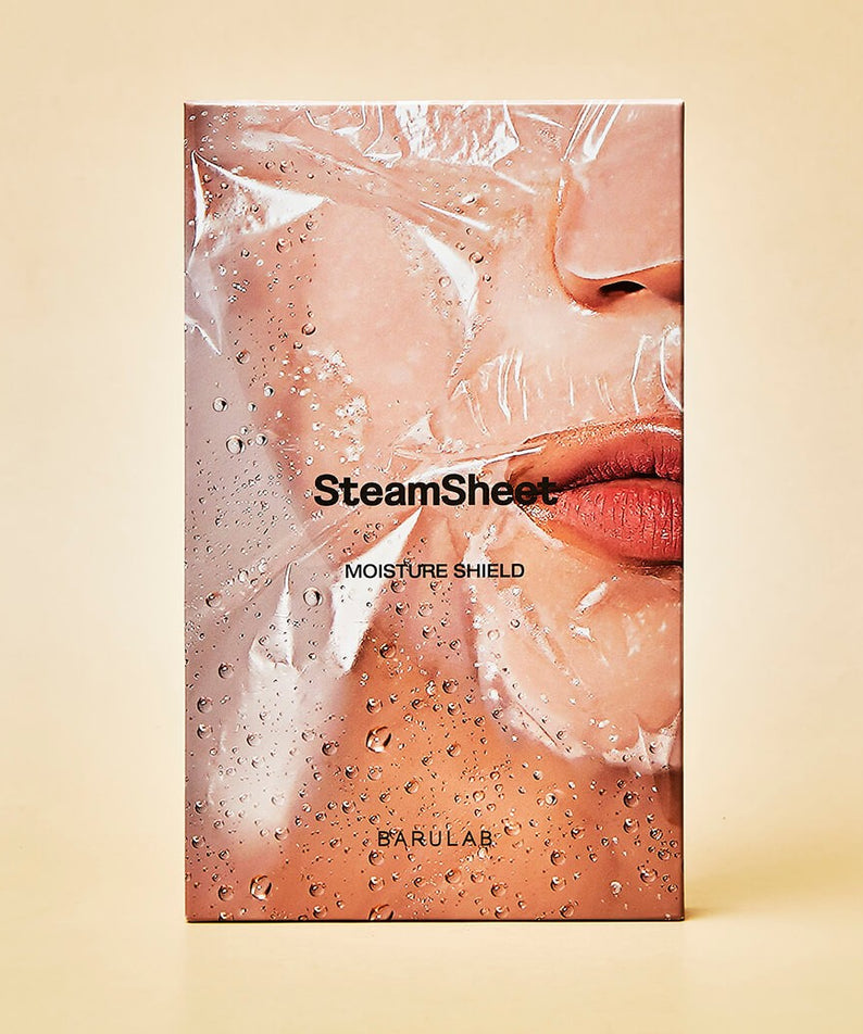 Emballage du BARULAB Steam Sheets Moisture Shield Oil Lock Facial Mask 5 Packs avec image partielle d'un visage sous un masque en plastique.