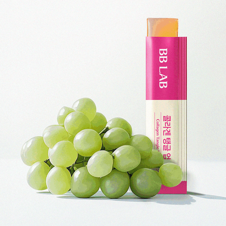 BB LAB Collagen Tangle Up Jelly Stick 14 Packs de BB LAB, présenté avec pastilles de raisin vert sur fond clair
