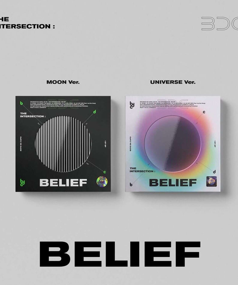 BDC 1ST EP - [THE INTERSECTION : BELIEF] - Album Kpop BDC, pack Moon & Universe Ver., visuel “BELIEF” et jaquettes sur fond clair.