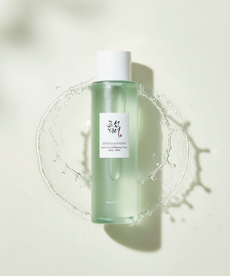 BEAUTY OF JOSEON Green Plum Refreshing Toner AHA + BHA 150ml en bouteille verte sur fond clair, éclaboussures d’eau