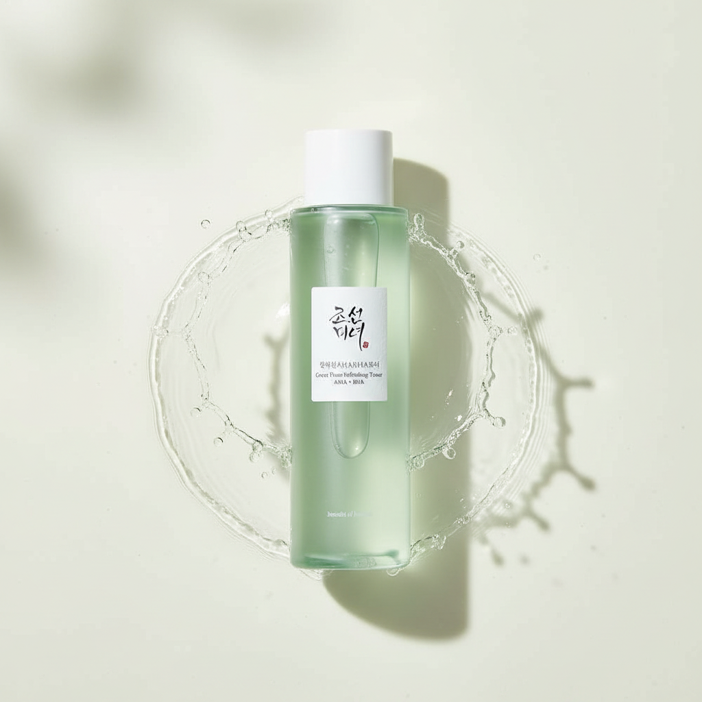 BEAUTY OF JOSEON Green Plum Refreshing Toner AHA + BHA 150ml en bouteille verte sur fond clair, éclaboussures d’eau