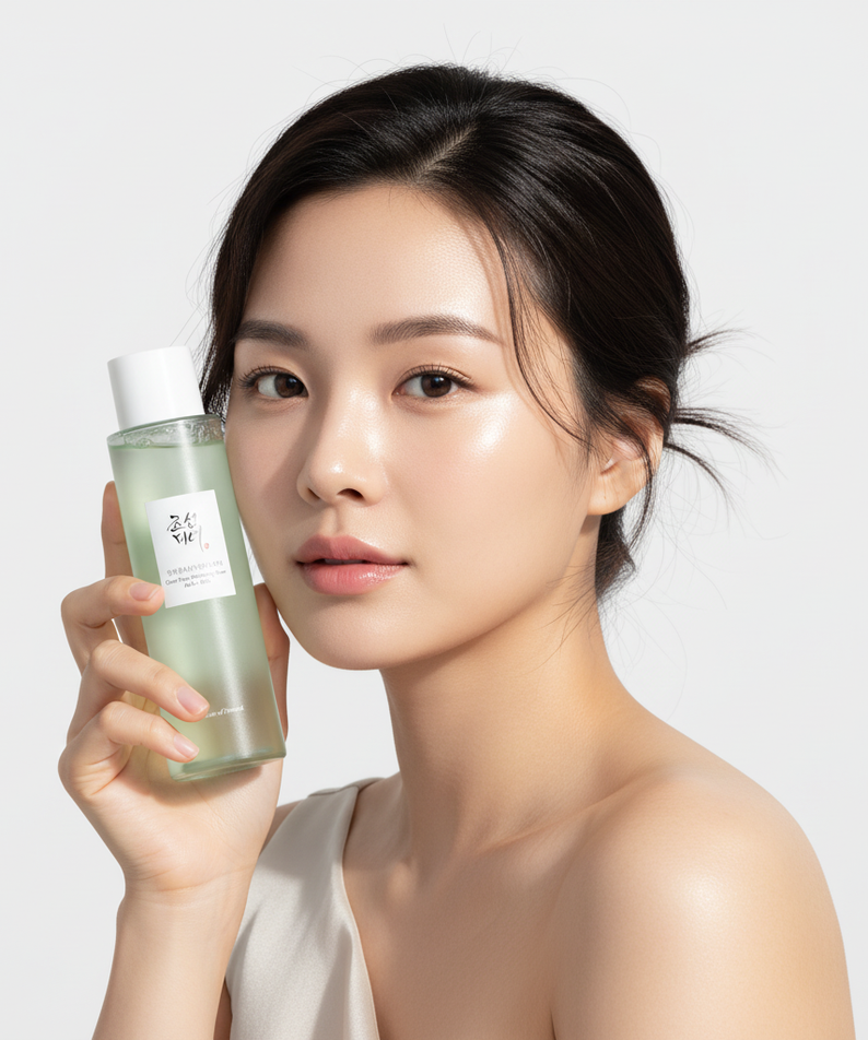 BEAUTY OF JOSEON Green Plum Refreshing Toner AHA + BHA 150ml, femme tenant le flacon, fond blanc, beauté visage