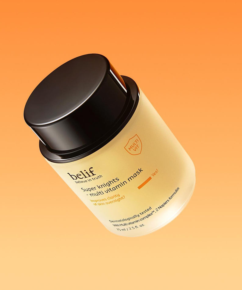 Masque BELIF Super Knights Multi Vitamin 75ml sur fond dégradé orange, hydratation et revitalisation de la peau