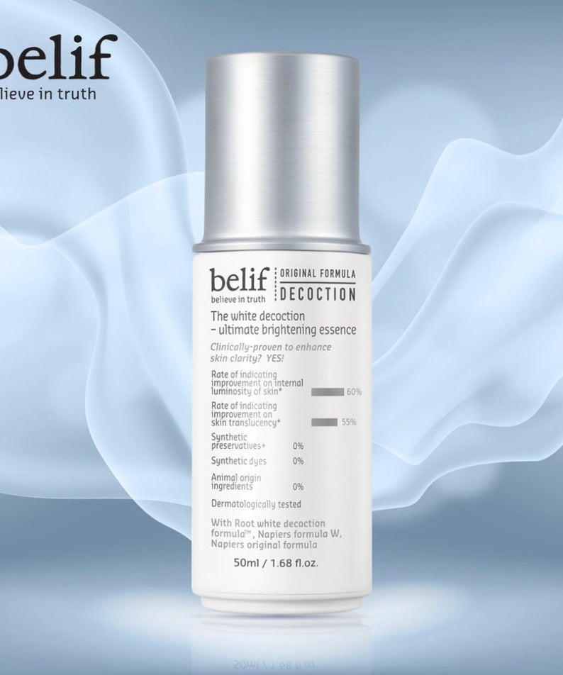 BELIF The White Decoction-Ultimate Brightening Essence 50ml, produit illuminant pour une peau éclatante et radieuse.
