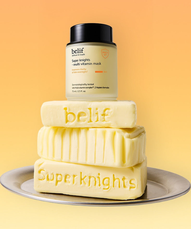 BELIF Super Knights Multi Vitamin Mask 75ml, masque multi-vitamines belif sur fond jaune, visuel produit empilé