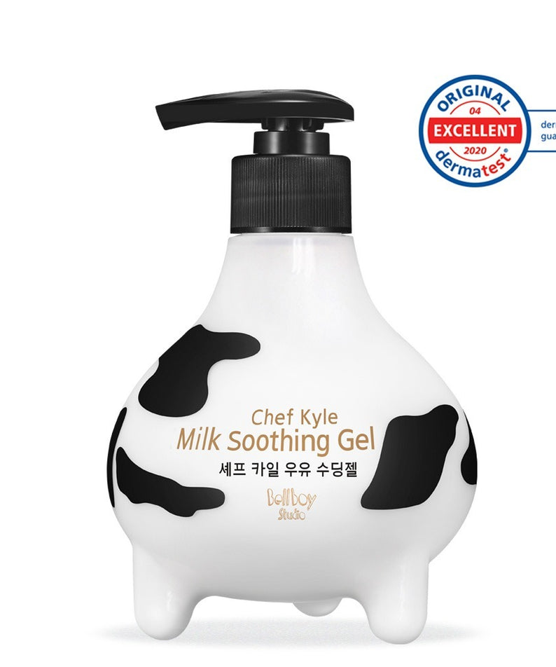 BELLBOY STUDIO Chef Kyle Milk Soothing Gel 300ml : gel apaisant en flacon vache blanc, design ludique sur fond blanc.