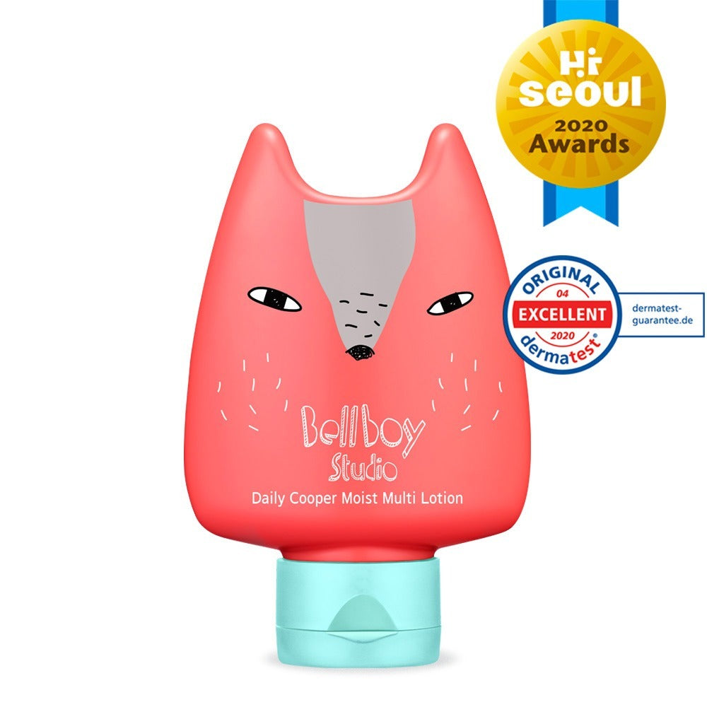 BELLBOY STUDIO Daily Cooper Moist Multi Lotion 160ml, tube crème sur fond blanc, visuel mascotte rouge, récompenses.