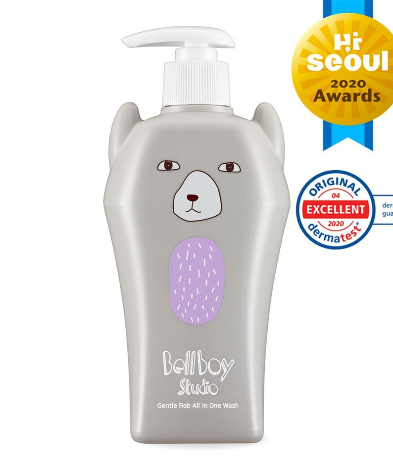 BELLBOY STUDIO Gentle Rob All-in-One Wash 400ml : flacon crème avec pompe, visuel produit blanc et ours, en français.