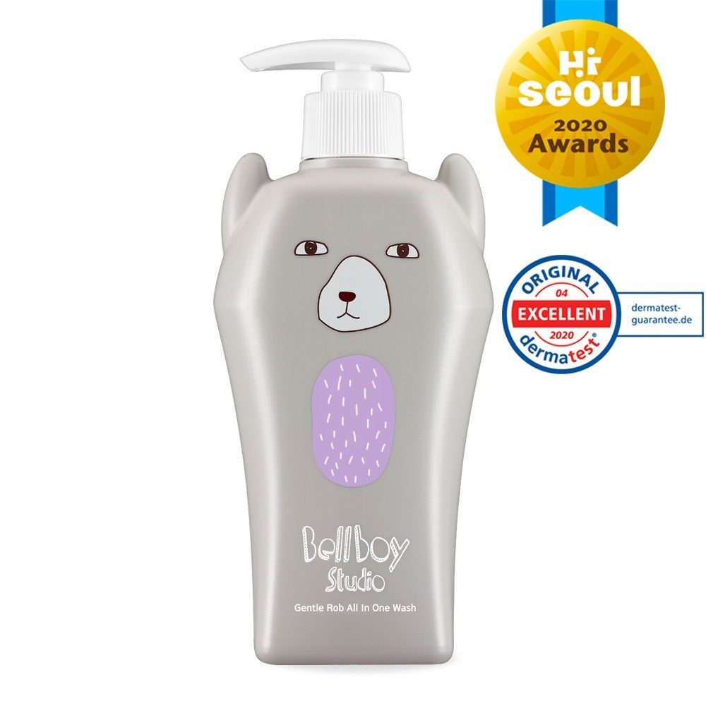 BELLBOY STUDIO Gentle Rob All-in-One Wash 400ml : flacon crème avec pompe, visuel produit blanc et ours, en français.