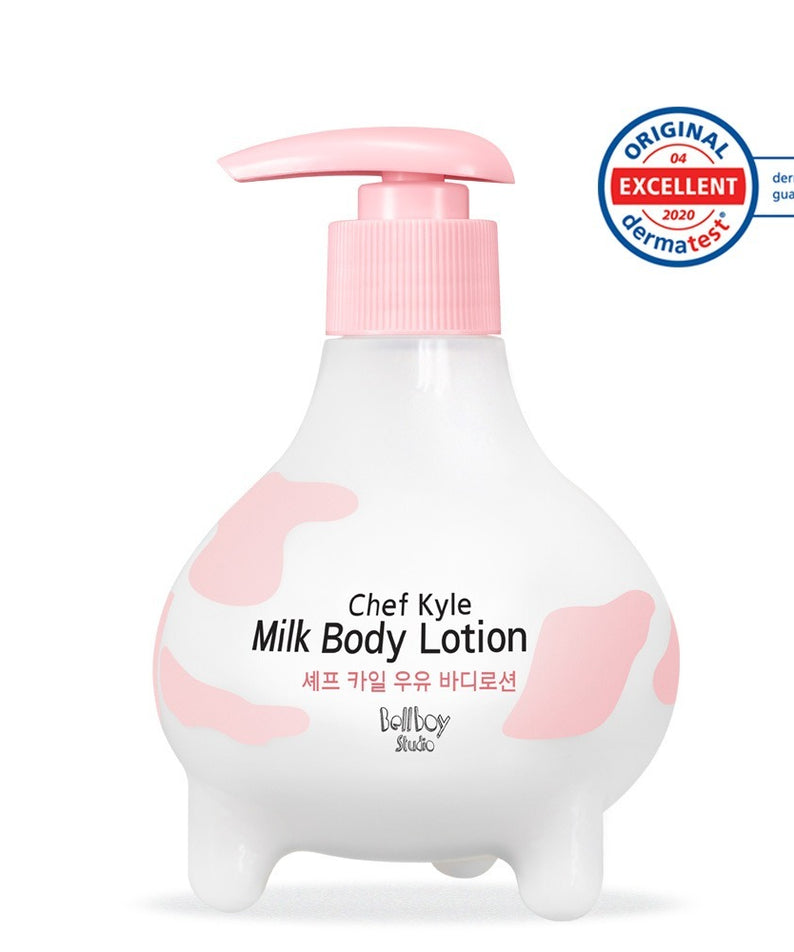 Flacon pompe de BELLBOY STUDIO Chef Kyle Milk Body Lotion 300ml, design unique avec motifs roses pour soin hydratant.