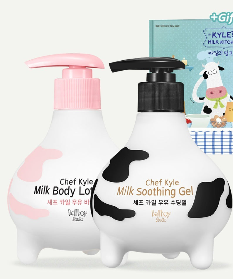 BELLBOY STUDIO Chef Kyle Soothing 2 Piece Set avec gel apaisant et crème pour le corps, design vache, idéal pour la peau sensible.