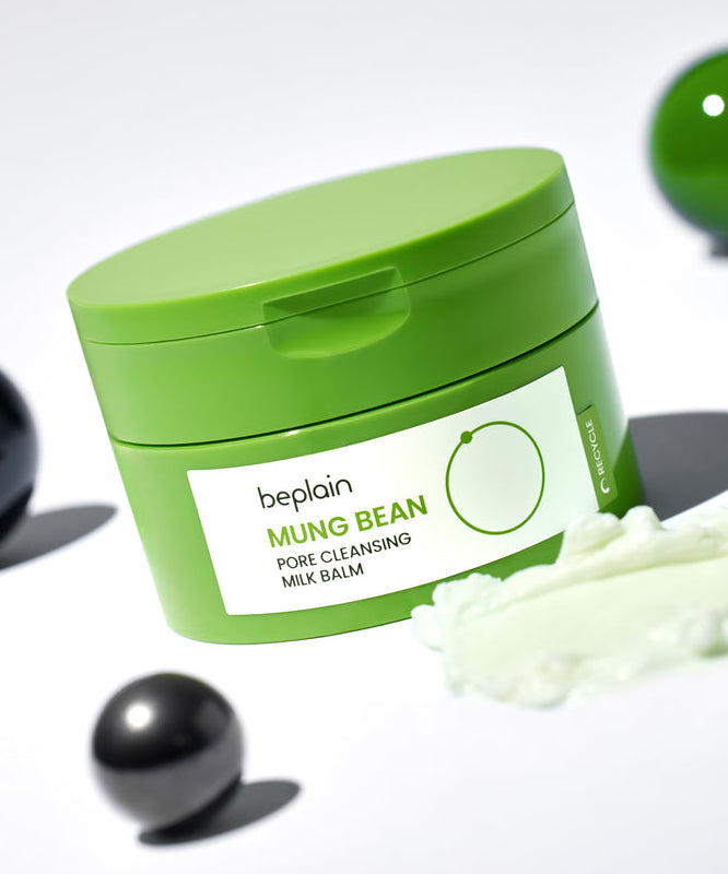 BEPLAIN Mung Bean Pore Cleansing Milk Balm 100ml : pot vert beplain et texture blanche, contexte beauté sur fond clair.