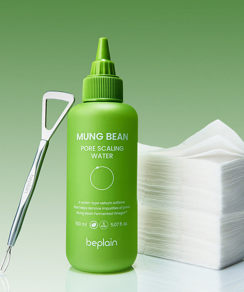 BEPLAIN Green Bean Pore Scaling Water 150ml : flacon vert sur fond vert, contexte soins visage, marque beplain.