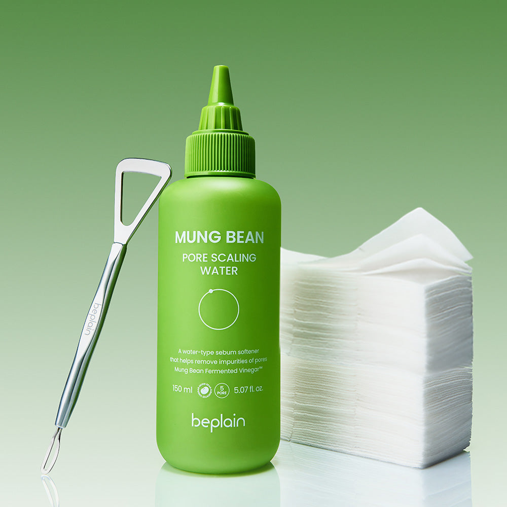 BEPLAIN Green Bean Pore Scaling Water 150ml : flacon vert sur fond vert, contexte soins visage, marque beplain.