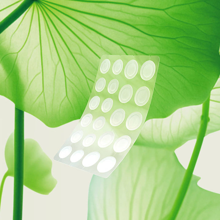 BEPLAIN Cicaterol Spot Patch 110 Sheets : patchs sur peau, feuilles vertes en arrière-plan, ambiance fraîche.