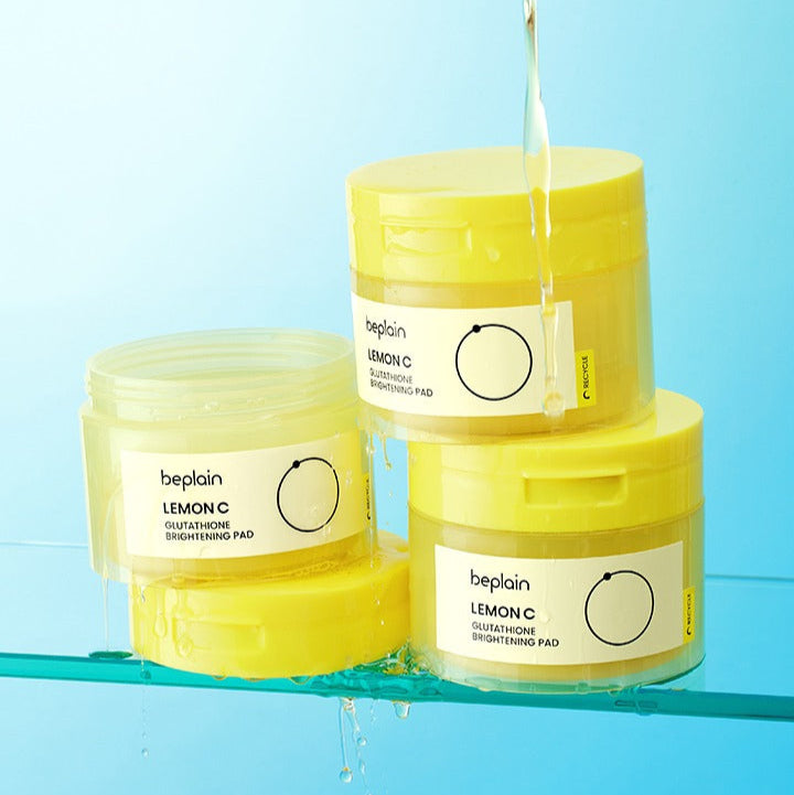 BEPLAIN Lemon Seed Glutathione  Brightening Pads 70 Sheets, marque beplain, packs citron sur fond bleu, feuilles imbibées