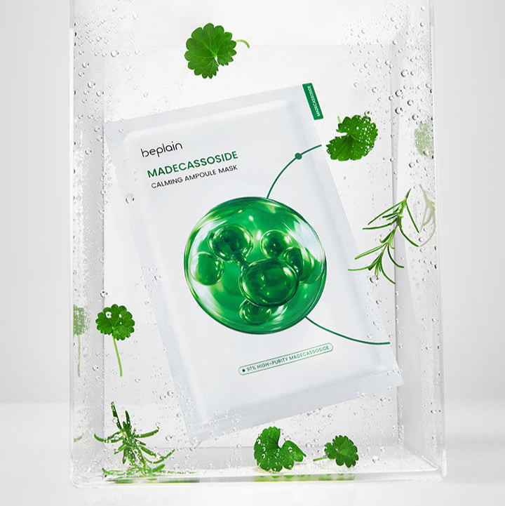 BEPLAIN Madecassoside Calming Ampoule Mask 5 Sheets, masque apaisant à l’aloé, emballage vert sur fond blanc.