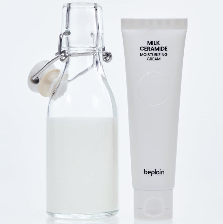 BEPLAIN Milk Ceramide Moisturizing Cream 50ml, tube et flacon blanc sur fond clair, marque beplain, contexte beauté