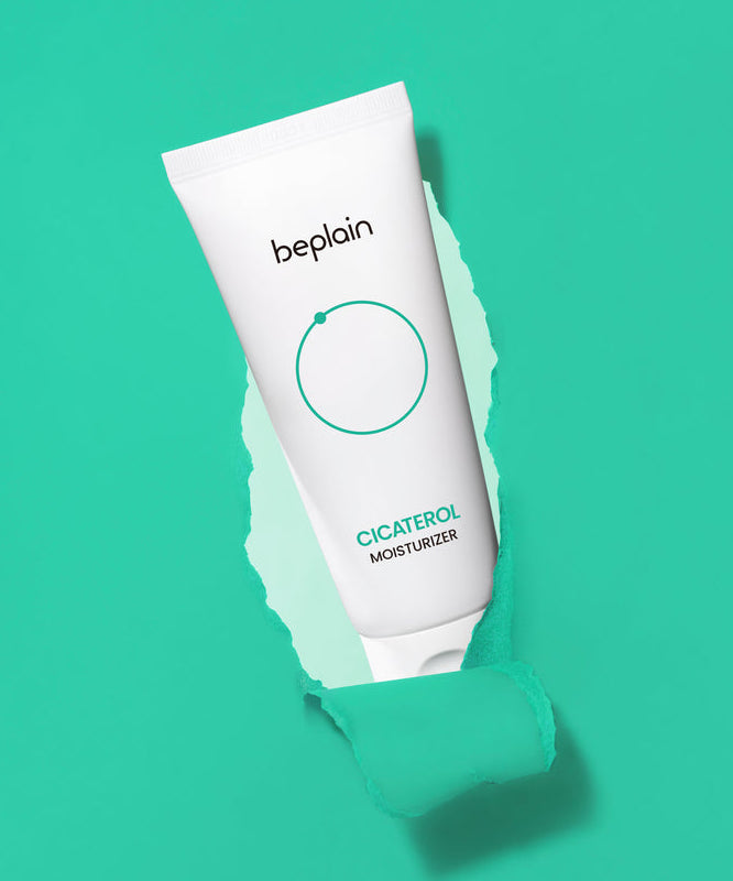 BEPLAIN Cicaterol Cream 60ml : tube blanc sur fond turquoise, contexte cosmétique, crème hydratante