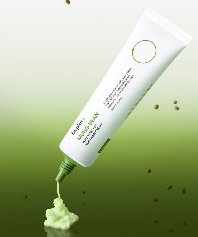 BEPLAIN Green Bean Pore Tightening Cream, tube vert BEPLAIN sur fond vert, gel texturé, concept resserrage des pores.