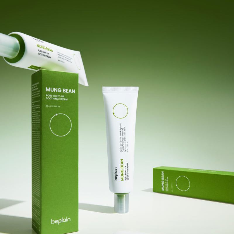 BEPLAIN Green Bean Pore Tightening Cream : tube et boîte verts sur fond vert, éclairage studio, cosmétique