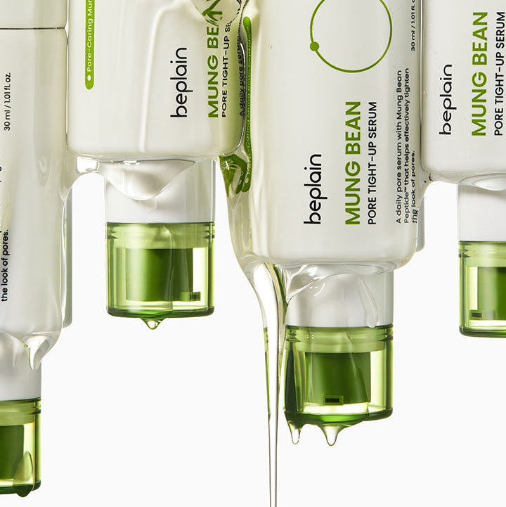 BEPLAIN Mung Bean Pore Tight-Up Serum 30ml, flacons BEPlein à effet pore-tightening, fond blanc, gouttes de sérum.