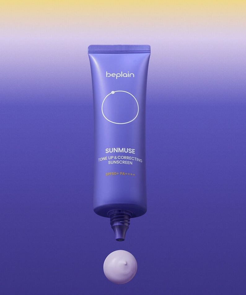 BEPLAIN Sunmuse Tone Up and Correcting Sunscreen SPF50+ PA++++ 50ml, tube crème avec sphère blanche sur fond bleu violet