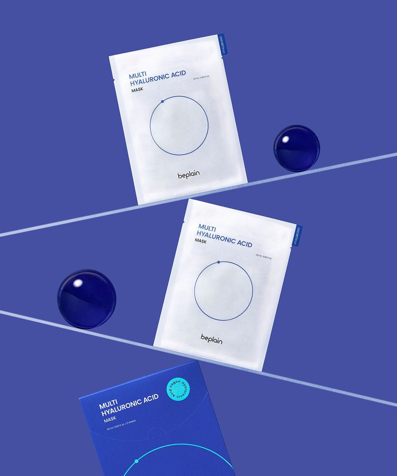 BEPLAIN Multi Hyaluronic Acid Mask : masques bephlain sur fond bleu, pack blanc avec cercle, ambiance soin beauté.