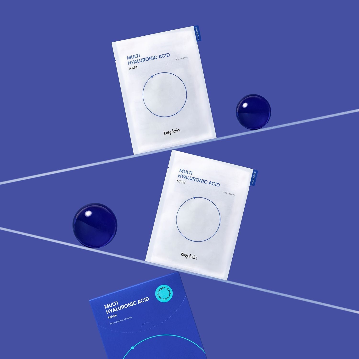 BEPLAIN Multi Hyaluronic Acid Mask : masques bephlain sur fond bleu, pack blanc avec cercle, ambiance soin beauté.