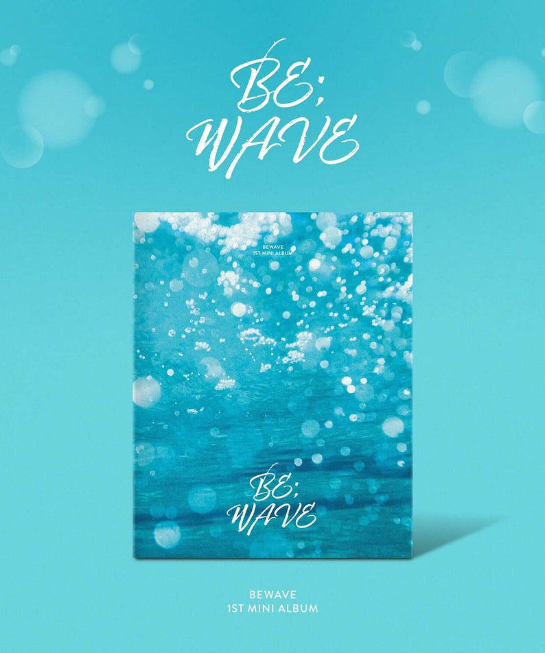 BEWAVE - 1st Album [BE;WAVE] - Album Kpop : couverture bleue avec bulles, pack CD BEWAVE sur fond turquoise