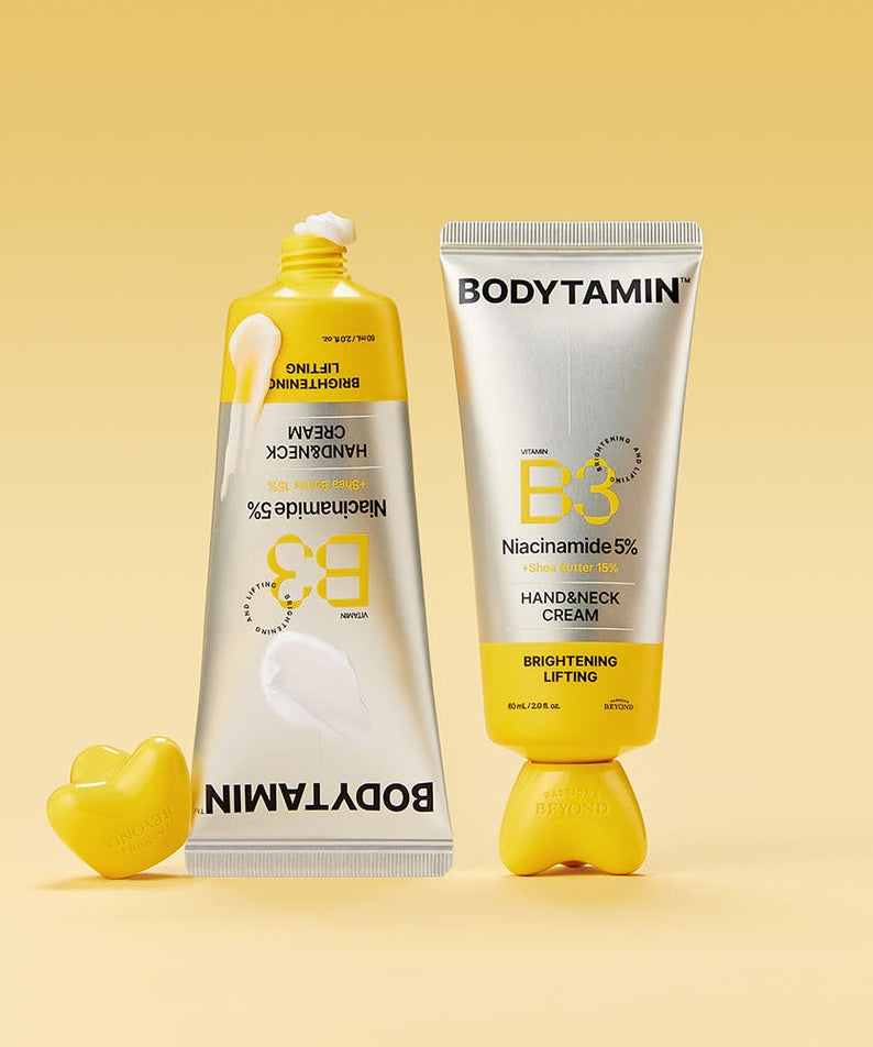 BEYOND Bodytamin B3 Hand&Neck Cream 60ml, crème mains et cou de la marque BEYOND sur fond jaune