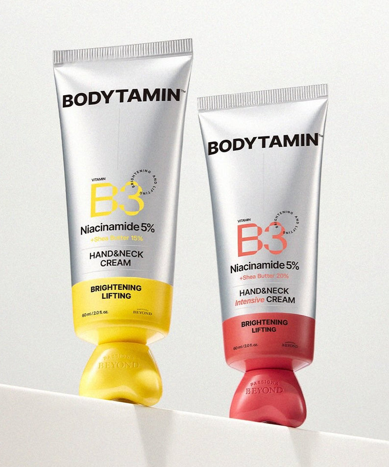 BEYOND Bodytamin B3 Hand&Neck Cream 60ml : crèmes mains et cou BODYTAMIN B3 sur fond clair, tubes jaune et rouge.