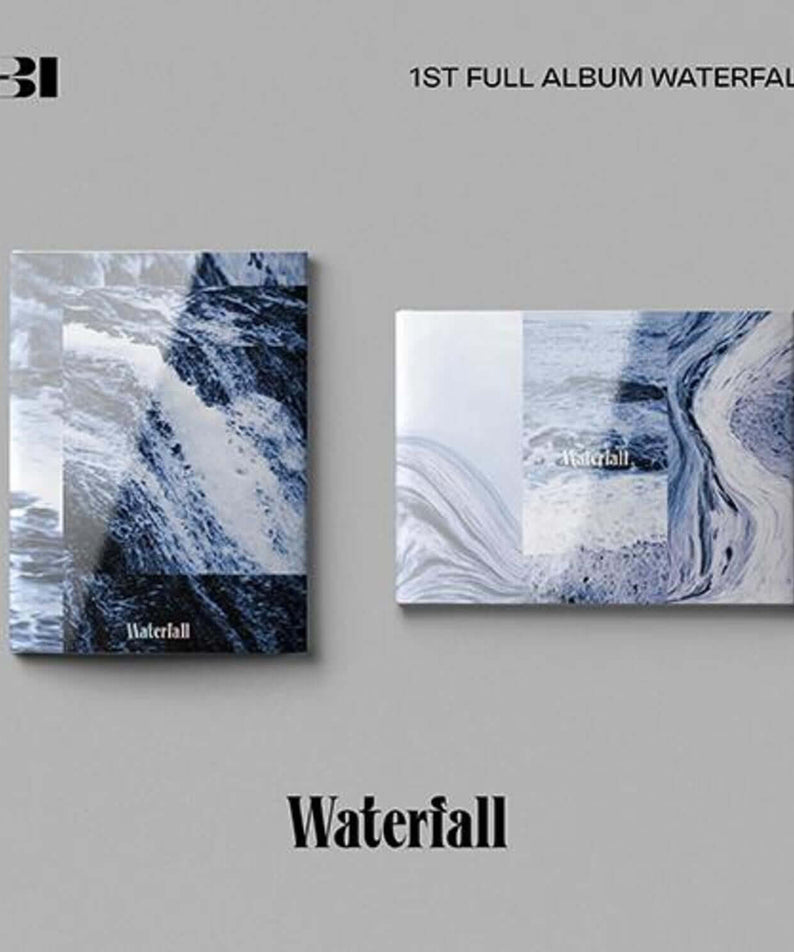 B.I - 1st Full Album - Album Kpop Waterfall, jaquettes bleues sur fond gris, style visuel groupe Kpop