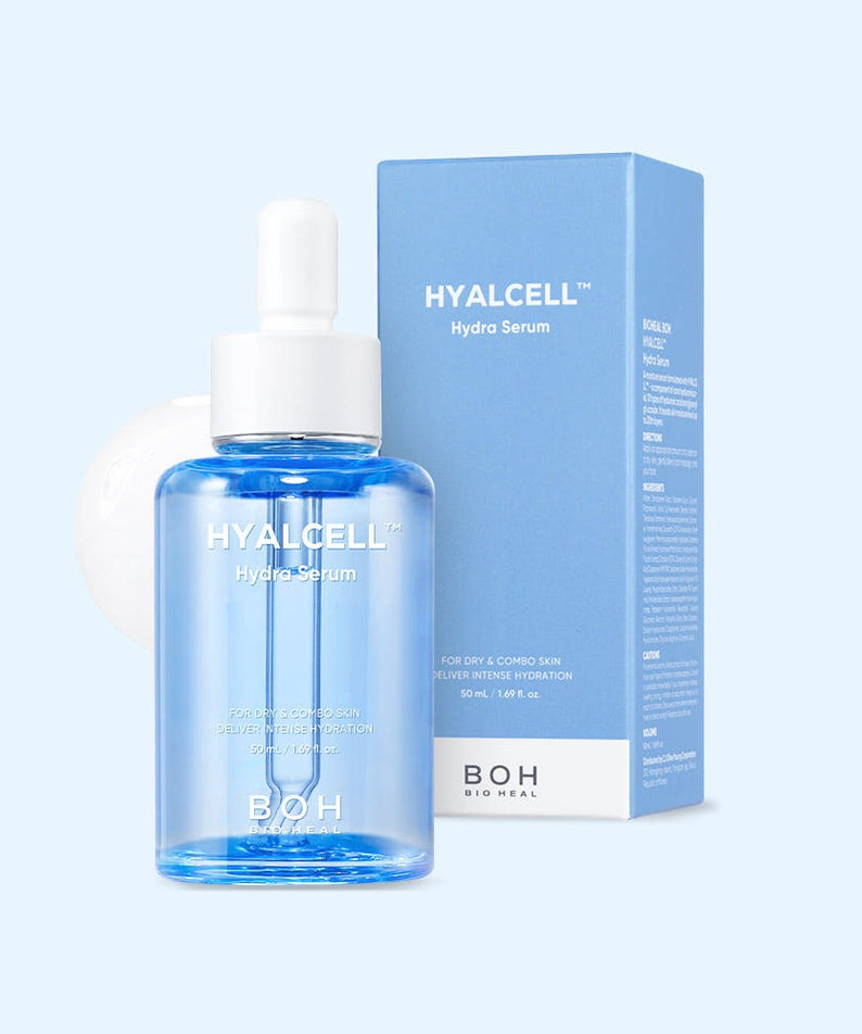 BIO HEAL BOH Hyalcell Hydra Serum 50ml de la marque BIO HEAL BOH, flacon et boîte sur fond bleu clair