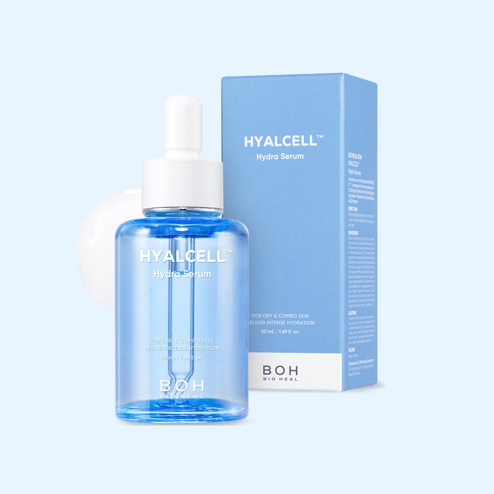 BIO HEAL BOH Hyalcell Hydra Serum 50ml de la marque BIO HEAL BOH, flacon et boîte sur fond bleu clair