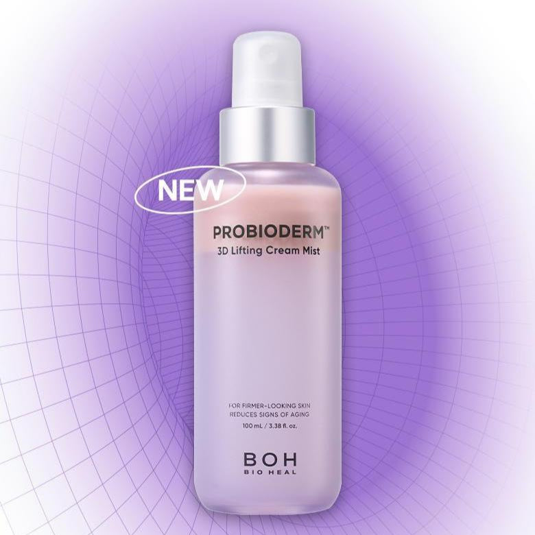 BIO HEAL BOH Probioderm 3D Lifting Cream Mist 100ml : flacon brume liftante sur fond violet, branding “NEW”. 
