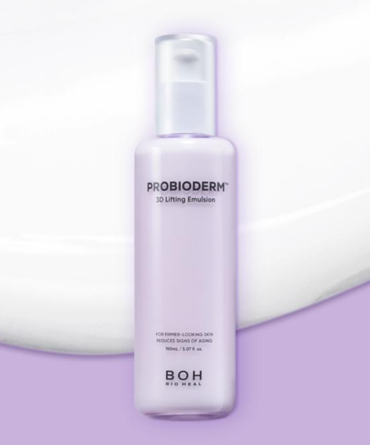 BIO HEAL BOH Probioderm 3D Lifting Emulsion 150ml, flacon sur fond clair et violet, style soin visage lifting.