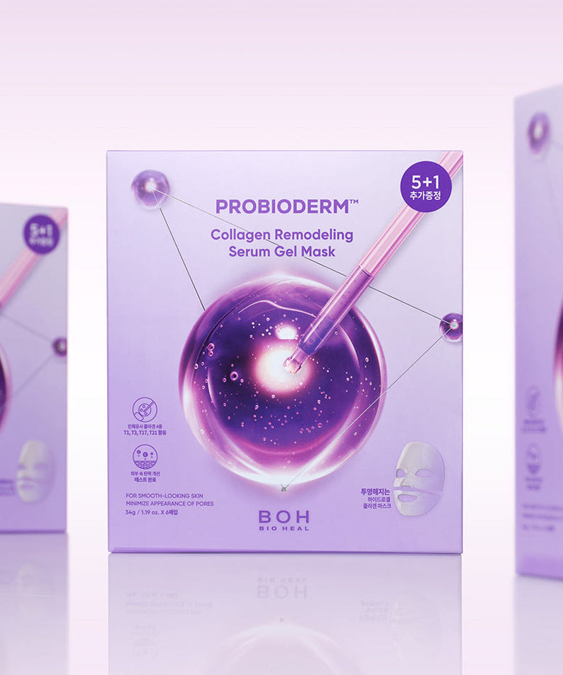 BIO HEAL BOH Probioderm Collagen Remodeling Serum Gel Mask 5 Sheets, coffret violet en studio sur fond clair
