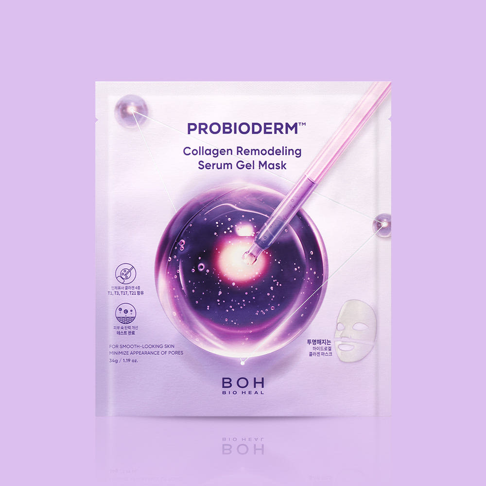 BIO HEAL BOH Probioderm Collagen Remodeling Serum Gel Mask 5 Sheets, masque visage en sachet, produit BOH sur fond violet