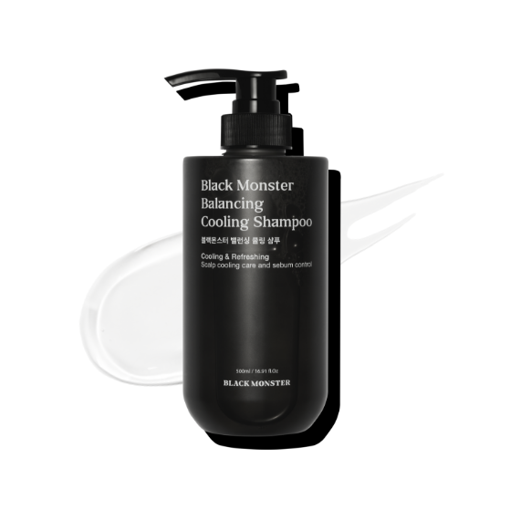 BLACK MONSTER Balancing Cooling Shampoo 500ml, flacon noir avec pompe, sur fond blanc, visuel produit de la marque