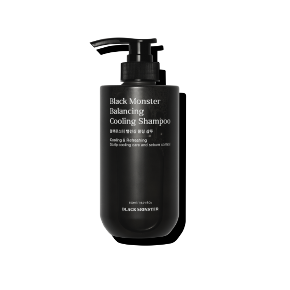 BLACK MONSTER Balancing Cooling Shampoo 500ml, bouteille noire pompe, sur fond blanc, marque Black Monster en visuel produit.