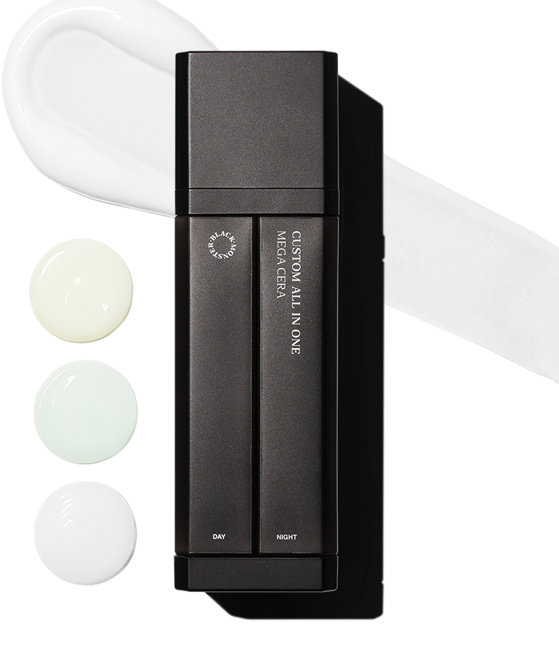 BLACK MONSTER Custom All-in-One 75ml de la marque BLACK MONSTER, sur flacons et crème blanche, visuel produit sur fond clair.