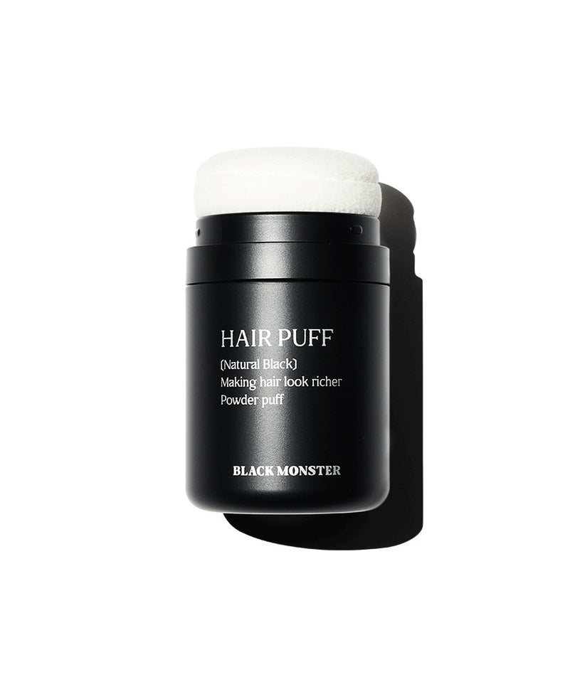 BLACK MONSTER Hair Black Puff Natural Black : pot cosmétique noir sur fond clair, puff cheveux naturels, marque BLACK MONSTER.
