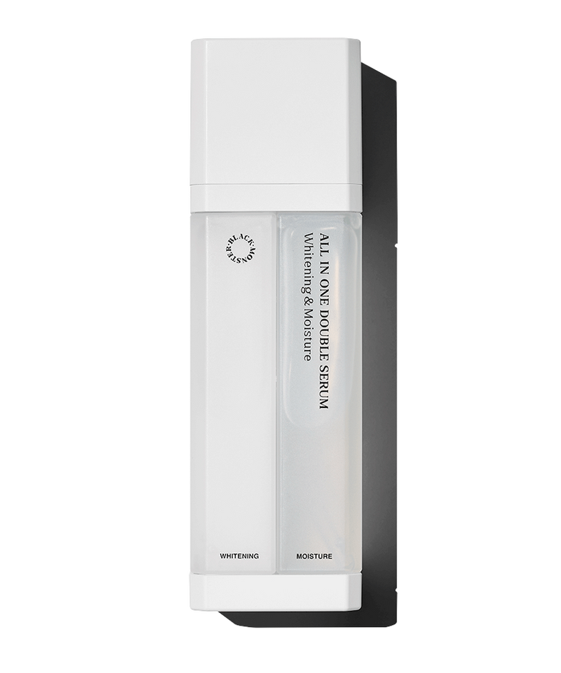 BLACK MONSTER White All-in-One Double Serum 75ml, flacon blanc sur fond clair, marque et sérum visibles, photo produit.