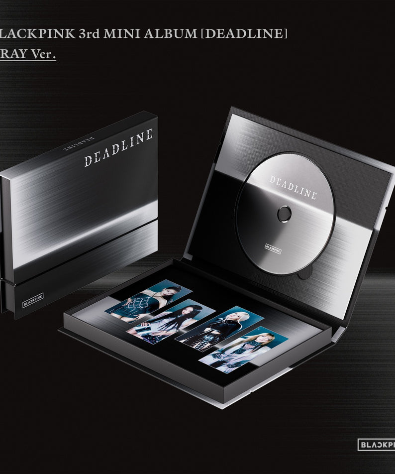 BLACKPINK - 3rd MINI ALBUM [DEADLINE] (GRAY Ver.) - Album Kpop, visuel gris et disque, coffret sur fond sombre.