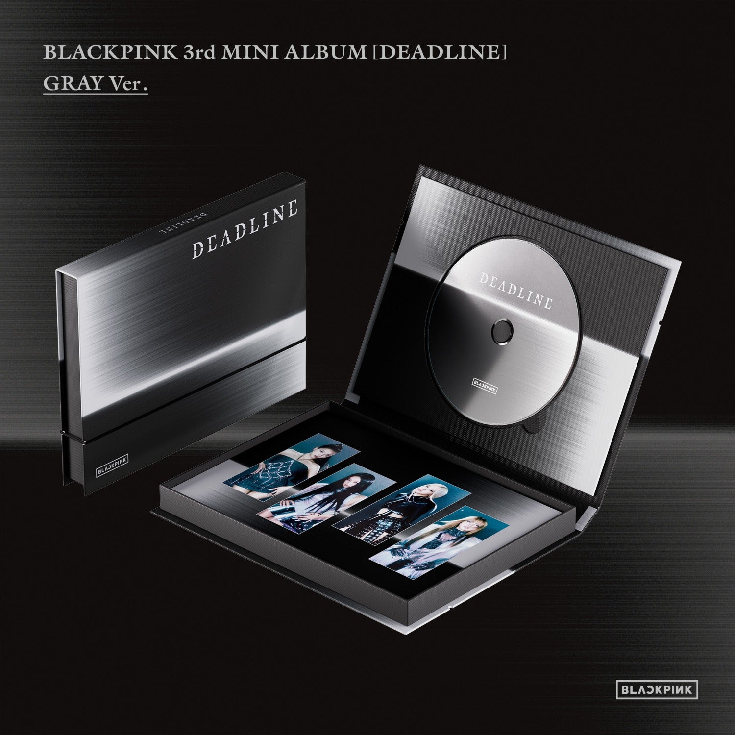 BLACKPINK - 3rd MINI ALBUM [DEADLINE] (GRAY Ver.) - Album Kpop, visuel gris et disque, coffret sur fond sombre.